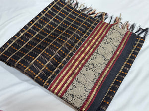Black with Gold and Red Lakshadeepam Handwoven Premium Kanjivaram Silkcotton Saree with elephant and annapakshi borders rich pallu beauty