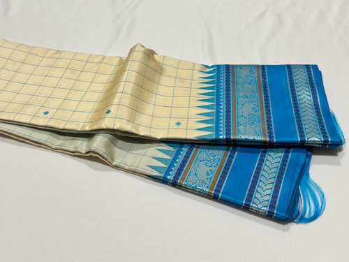 Offwhite with Copper Sulphate Blue Muthukattam with Buttas Handwoven Pure Zariless Korvai temple borders Kanjivaram Silk Saree Beauty