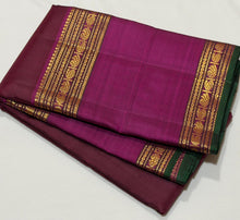Sahana- Gorgeous Coffee Brown with Dark Magenta Handwoven Pure 2g Jari Kanjivaram Silk with Mallimoggu buttas woven body with beautiful rettapet borders with green selvedges rich seer pallu and contrast woven blouse