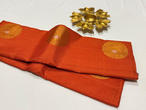 Orange with Black Handwoven Pure Jari Kanjivaram Silk Saree with Small Checks with Buttas Body rich pallu and contrast blouse