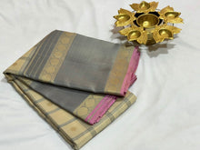 Ivory Cream with Grey Handwoven Pure Zariless 1000 Buttas Style Checked Soft Kanjivaram Silk Saree with Doublepet rudrakshas borders beauty