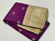 Vaibhogam -Deep Purple with Elakka Green in Kai Korvai Buttas Kanjivaram Silk Saree with beautiful diamonds and rudrakshas woven body intricate thambalam motifs woven borders rich pallu and contrast woven blouse