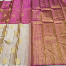 Sahana- Gorgeous Half And Half Style Handwoven Pure Jari Kanjivaram Silk in Beige and Onion Pink combo with muthukattam self colored with peacock motifs woven beautiful body with rich onion pink pallu and contrast woven blouse