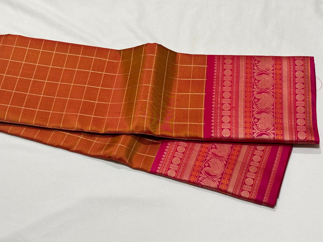 Premium Zariless Vintage Weave- Golden Mustard with Tomato Pink Muthukattam with Rich borders Sorgavaasal Inspired Pallu In a ZeroZari Handwoven Pure Kanjivaram Silk Saree Beauty