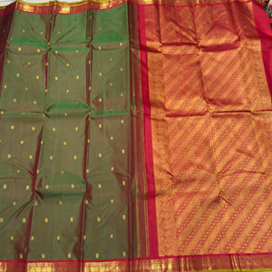 Manthulir Green with Red Buttas small borders Handwoven Pure Jari Kanjivaram Silk Saree Beauty