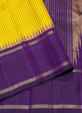 Sarasangi- Gorgeous Yellow with Purple Handwoven Pure Jari Korvai Podikattam Woven Kanjivaram Silk with beautiful rettapet borders rich seer pallu and contrast woven purple blouse