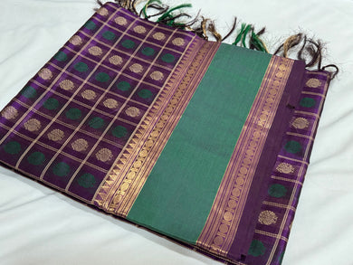 Purple with Green 1000 Buttas Mayil Chakram motifs Handwoven Premium Kanjivaram Silkcotton Saree Beauty