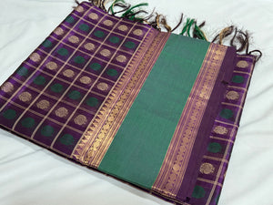Purple with Green 1000 Buttas Mayil Chakram motifs Handwoven Premium Kanjivaram Silkcotton Saree Beauty