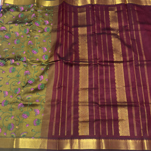 Deep Olive Green with Dark Maroon Handwoven Pure Kanjivaram Hand pichwai Block Printed Silkcotton Saree Beauty