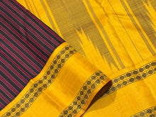 Mohanam-Gorgeous Handwoven Pure Korvai Zero Zari  Kanjivaram Silk Saree with beautiful maroon and black vertically striped body with rettapet rudrakshas woven beautiful mustard yellow borders gorgeous seer pallu and contrast woven blouse