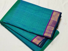 Dual tone Peacock Blue Green with Purple Handwoven Pure Kanjivaram Silk Saree Small Borders Beauty