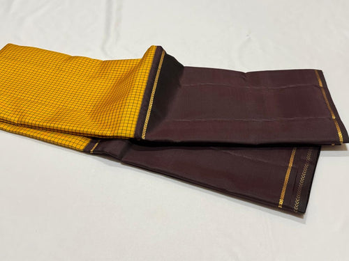 Yellow with Coffee Brown Podikattam with Long Borders Korvai Handwoven Pure Jari Kanjivaram Silk Saree Beauty