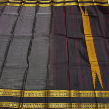Saraswati- Stunning Deep beetlenut purplish brown handwoven pure zariless kanchipuram silk with striped body with rettapet green and yellow colors kamalam and paisley motifs woven beautiful borders classic seer pallu and contrast woven blouse