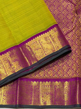 Sarasangi- Mesmerizing Sampanga Green with Vadamalli Purple Handwoven Pure Jari Korvai Kanjivaram Silk with beautiful Yazhis elephants and annapakshis woven rich borders gorgeous pallu and contrast woven blouse