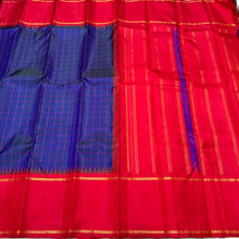 Gorgeous MS Blue with Red Handwoven Pure Jari Korvai Kanjivaram Silk Saree with checked body beautiful temples woven borders classy pallu and contrast woven blouse