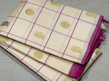 Saranga-Gorgeous Offwhite with Pink Handwoven Pure Borderless Kanjivaram Silk Saree with beautiful checked body with mayil chakram motifs woven body rich pink pallu and contrast blouse