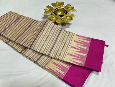 Offwhite with Pink Zariless Handwoven Pure Korvai Soft Kanjivaram Silk Saree with Veldhari Body Temple Borders  beauty