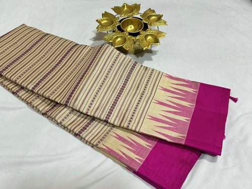 Offwhite with Pink Zariless Handwoven Pure Korvai Soft Kanjivaram Silk Saree with Veldhari Body Temple Borders  beauty