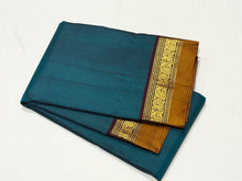 Raman Blue with Brown Spaced Borders Handwoven Pure Jari Kanjivaram Silk Saree Beauty
