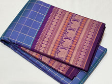 Premium Zariless Weave- Peacock Blue with Deep Purple Muthukattam Checks Handwoven Pure Kanjivaram Silk Saree with Doublepet Borders rich pallu sorgavasal themed with contrast blouse beauty