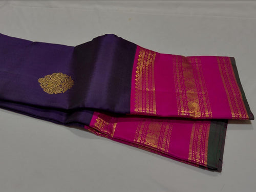 Deep Purplish Navy Blue with Pink Buttas Korvai with Varisaipet Borders Handwoven Pure Jari Kanjivaram Silk Saree Beauty