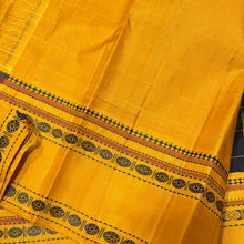 Premium Weave- Black with Mustard Yellow Handwoven Pure Zariless Korvai Kanjivaram silk saree with rudrakshapet borders checked body classic pallu and contrast woven blouse beauty