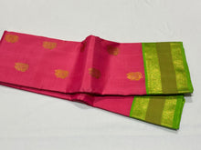 Deep Flamingo Pink with Leaf Green Korvai with Buttas Handwoven Pure Jari Kanjivaram Silk Saree with gorgeous meenakari borders rich pallu and contrast woven blouse beauty