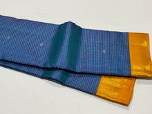 Peacock Blue with Golden Mustard Jari Oosi Kattam with Buttas Korvai Handwoven Pure Korvai Kanjivaram Silk Saree Beauty