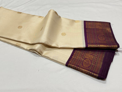 Offwhite with deep Jamoon Purple Korvai with Buttas Handwoven Pure Jari Kanjivaram Silk Saree Beauty with rich borders