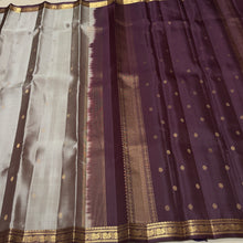 Sahana- Greyish Beige with Deep Brown Buttas with Small Borders Handwoven Pure Kanjivaram Silk with gorgeous pallu and contrast woven blouse