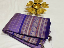 Lavenderish Blue with royal blue checks with Sorgavasal Pallu Handwoven Pure Zariless Kanchipuram Silk Sarees Beauty with varisai borders
