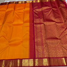 Sarasangi- Stunning Mambazham(Mango) Yellow with Arakku Red Handwoven Pure Jari Korvai Kanjivaram Silk with very beautiful borders gorgeous pallu and contrast woven blouse