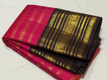 Vaibhogam- Stunning Tomato Reddish Pink with Coffee Brown Handwoven Pure Zari Korvai Kanjivaram Silk with Jari Beldhari Woven Beautiful Body with rich varisaipet borders gorgeous seer rich jari pallu and contrast veldhari striped blouse