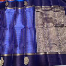 Lavenderish Blue with Navy Blue with Muthukattam Checks and Iruthalaipakshi border buttas Handwoven Pure Kanjivaram Silk Saree Beauty