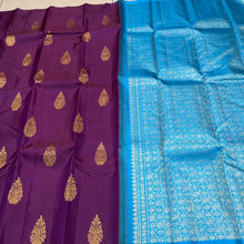 Saranga- Gorgeous Deep Purple with Copper Sulphate Blue Handwoven Pure Jari Kanjivaram Borderless Silk with Muthukattam and Floral Motifs woven body with rich pallu and contrast blouse!