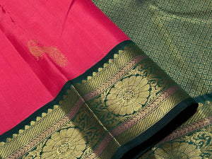 Dual tone Deep tomato Pink with Bottle Green Korvai Handwoven Pure Jari Buttas Woven Kanjivaram Silk Saree Beauty