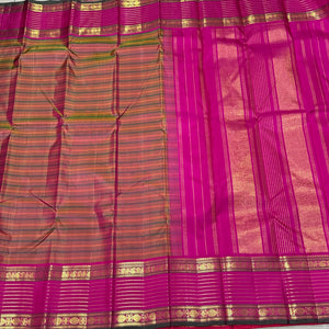Vintage Inspired- Brown and Peach Multistriped Veldhari Style with Pink Handwoven Pure Jari Kanjivaram Silk Saree Beauty