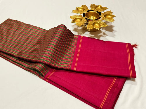 Vintage Inspired Multichecks Podikattam with Arakku Pallu Blouse with Striped Blouse Handwoven Pure Zariless Kanchipuram Silk Saree