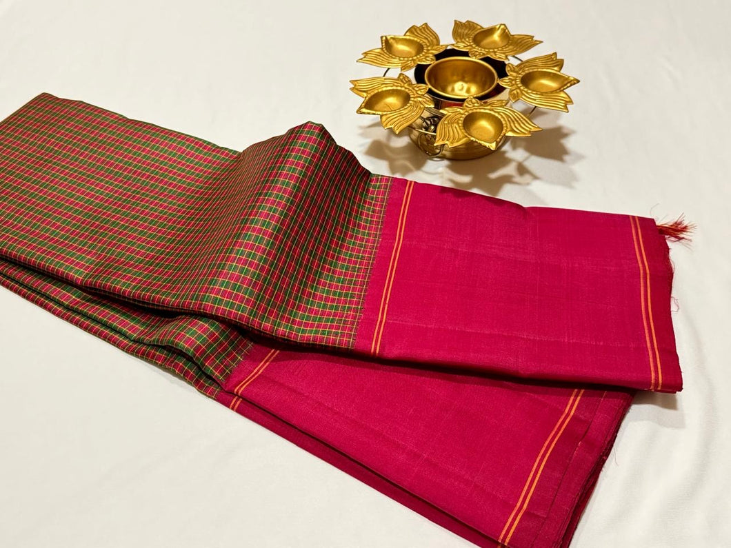 Vintage Inspired Multichecks Podikattam with Arakku Pallu Blouse with Striped Blouse Handwoven Pure Zariless Kanchipuram Silk Saree