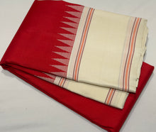Saraswati- Red with Offwhite Temple Bordered Handwoven Premium Pure Zariless Korvai Kanjivaram Silk with beautiful offwhite borders rich seer pallu and contrast woven blouse