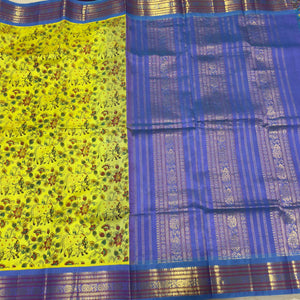 Lemon Sampanga with lavenderish Blue Korvai Handwoven Pure Kanjivaram Silkcotton Saree Pichwai Block Printed