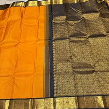 Sarasangi - Gorgeous Mustard with Black Handwoven Pure Jari Korvai Kanjivaram Silk with beautiful black double parrots woven borders with rich pallu and contrast woven blouse