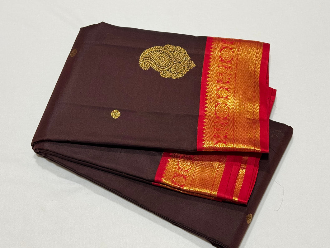 Coffee Brown with Red Buttas Korvai Handwoven Pure Kanjivaram Silk Saree with rich borders rich Pallu and contrast woven blouse beauty