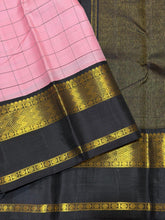 Sarasangi- Gorgeous Soft Pink with Black Handwoven Pure Jari Korvai Kanjivaram Silk with beautiful checked body rich borders pallu and contrast woven blouse