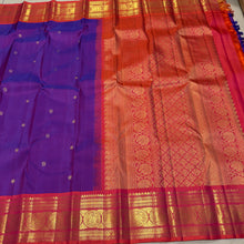 Sahana- Gorgeous Purple with Dual tone Orange Pink Handwoven Pure Jari Kanjivaram Silk with mayil chakram buttas woven body with rich elephants woven borders gorgeous pallu and contrast woven blouse