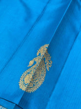 Mango Orange with Blue Handwoven Pure Jari Borderless Kanchipuram Silk Saree with Muthukattam and Buttas