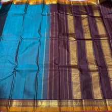 Raman Blue with Brown Spaced Borders Handwoven Pure Jari Kanjivaram Silk Saree Beauty
