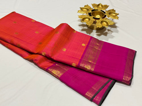 Vintage Beauty Dual tone Orange with Pink Handwoven Pure Jari Buttas with Doublepet Borders Kanchipuram Silk Saree Beauty