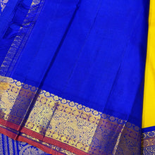 Vaibhogam- Lemon Sampanga with Royal Blue Handwoven Pure Jari Korvai with Buttas Kanjivaram Silk Saree with beautiful borders with rust piping rich pallu and contrast woven blouse