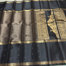 Black and Grey Handwoven Pure Jari Mubbakam Kanjivaram Silk Saree with Paisleys and Rudrakshas woven middle body and mallimoggu buttas borders sorgavasal inspired pallu and contrast blouse